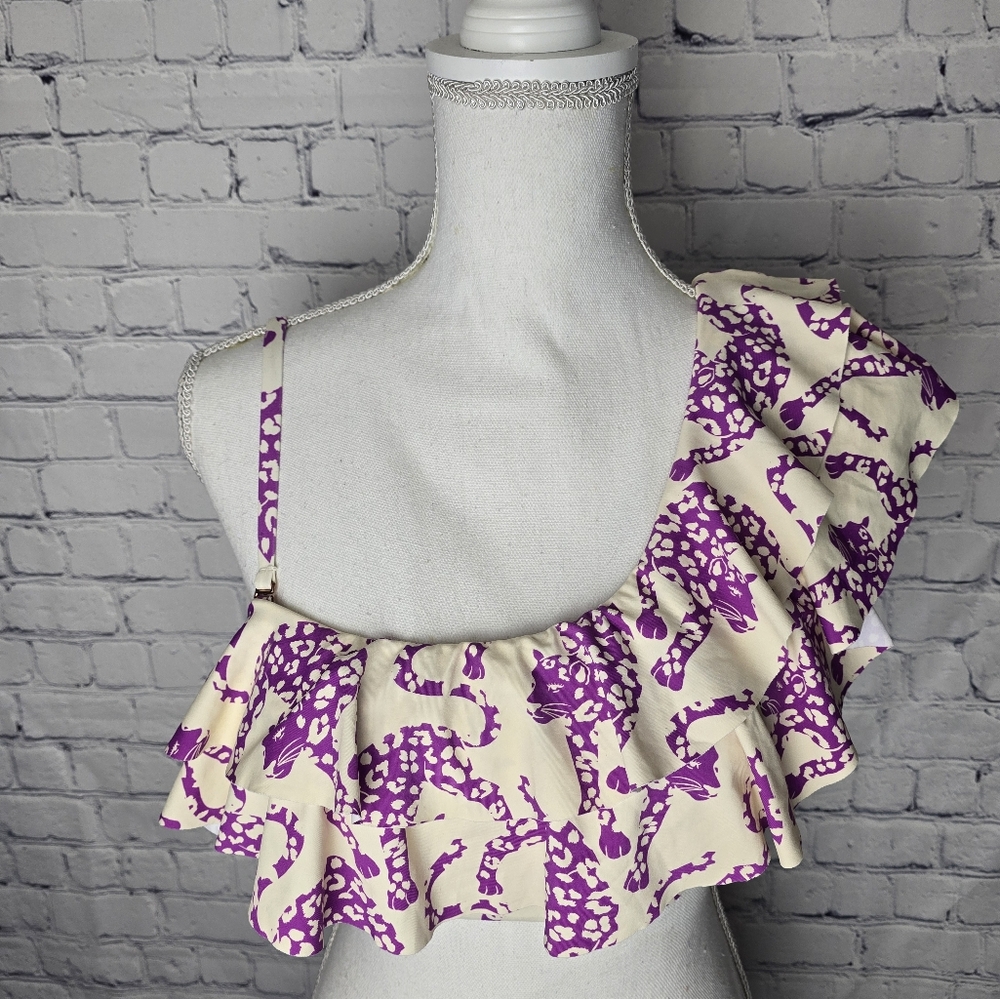 Maeve by Anthropologie Julie Purple Cheetah One Shoulder Ruffle Bikini Top S